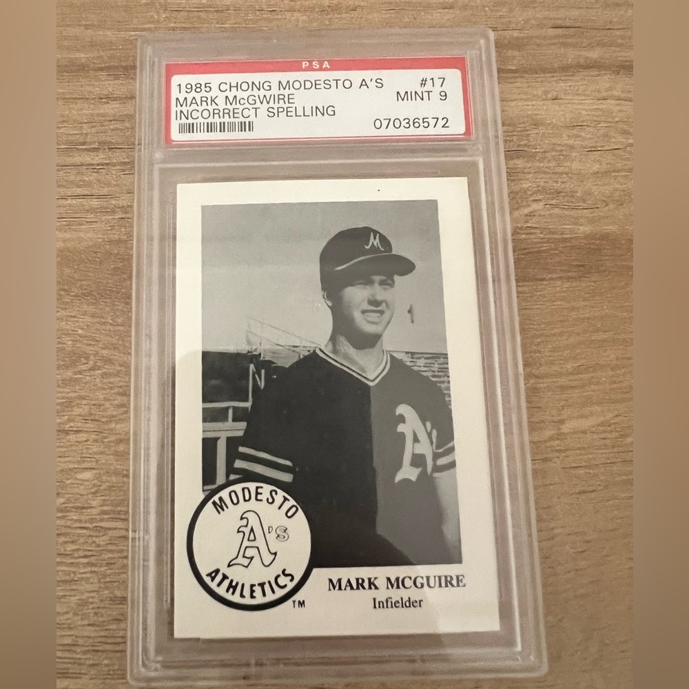 1985 modesto As mark mcgwire rookie card (incorrect spelling) rare card.
